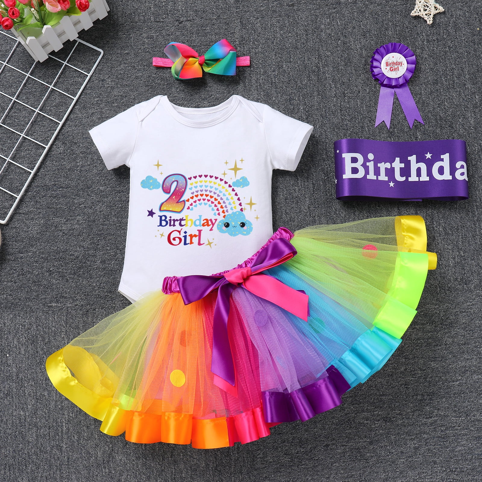 IBTOM CASTLE Toddler Baby Girl Unicorn 1st 2nd 3rd Birthday Outfit Romper + Rainbow Tutu Skirt + Headband + Sash + Badge 5PCS Princess Dress up Clothes Set for Cake Smash Photo Shoot