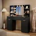 thumbnail image 2 of LainTene 47" Lighted Makeup Vanity Table with Mirror, Modern Glass Top Black Vanity with 3 Drawers & 2 Large Storage Cabinets, Fluted Vanity Desk for Female Gift, 2 of 10