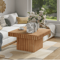 Cozayh Modern Square Fluted Solid Wood Coffee Table with Handcrafted Natural Oak Finish, Geometric Accent Table Chunk Table for Living Room, Farmhouse Rectangular Minimalist Centerpiece, Brown