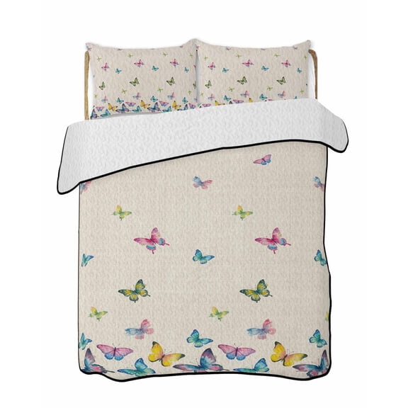 Full Size Quilt Bedding Set, Vintage Colorful Butterfly Reversible Summer Quilt 3 Pieces, Watercolor Butterflies Rustic Lightweight Bedspreads Coverlets with 2 Pillow Shams for All Seasons