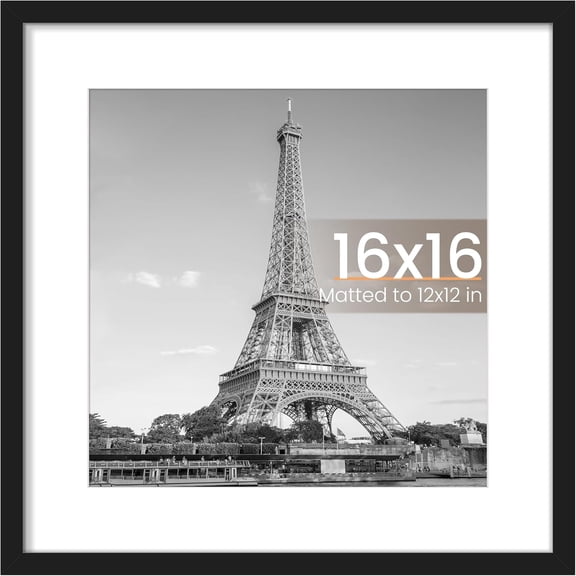 16x16 Picture Frame, Display Pictures 12x12 with Mat or 16 x 16 Without, Wall Hanging Square Frames, Black, 1 Pack