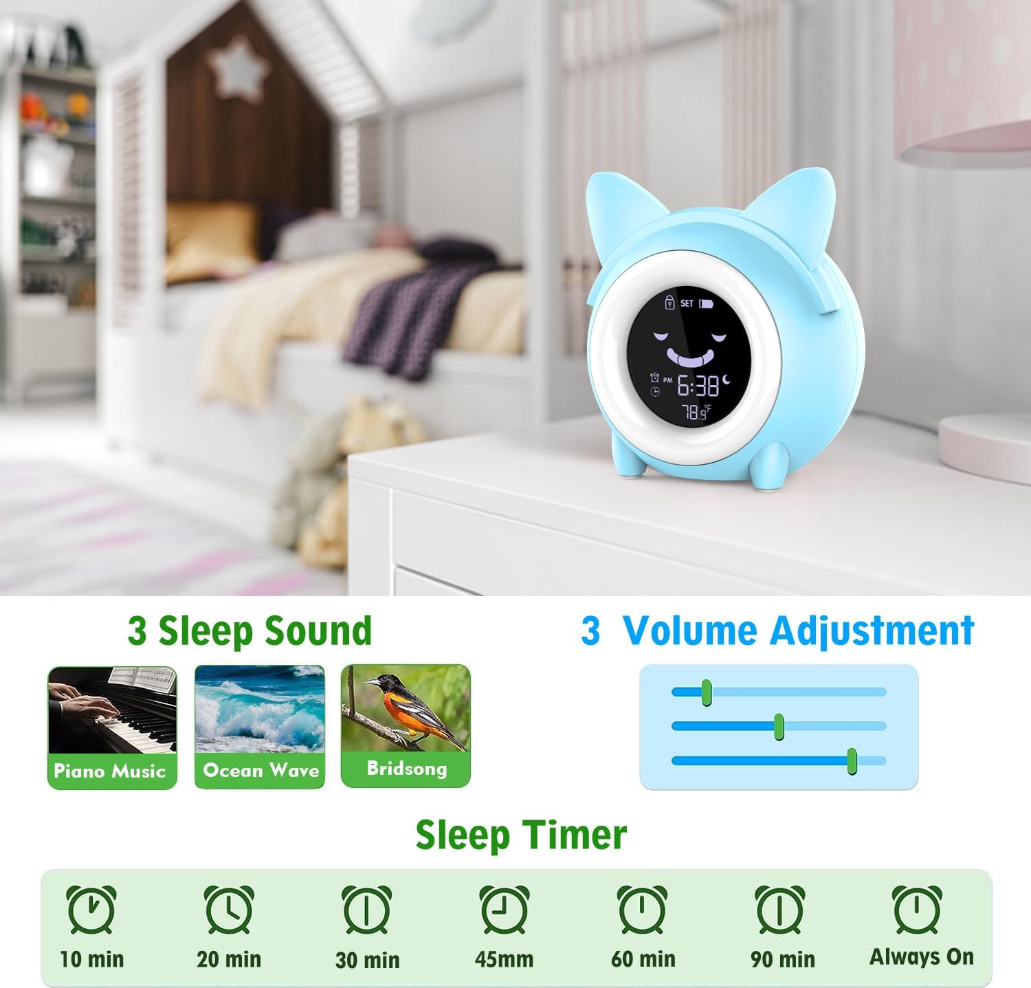 Kids Alarm Clock, Sleep Training with Toddler Night Light, Sleep Sounds Machine, Nap Timer, Temperature Detect, Cute Bedside Clock Kids Room Decor, Birthday