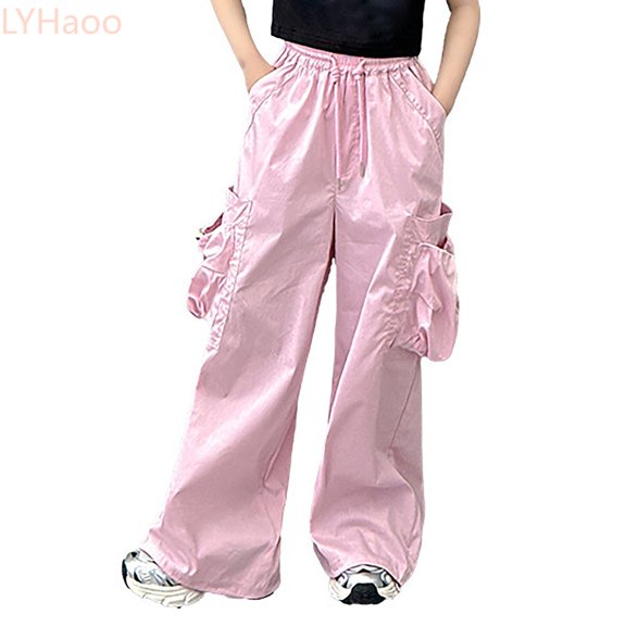 LYHaoo Cargo Pants For Girls Casual High Waisted Loose Fit Pockets Kids Cargo Casual Streetwear Pants For Kids Cargo Pants for Girls(Pink)