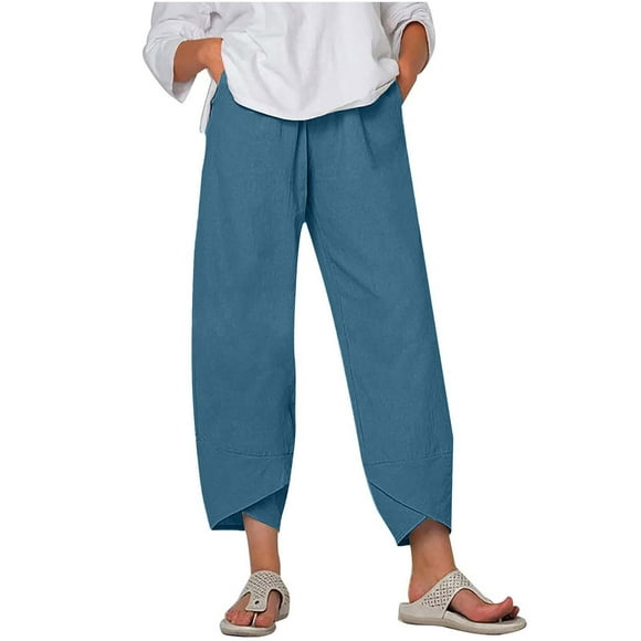 Women's Casual Summer Capri Pants Cotton Linen Elastic Waist Trousers Solid Plus Size Relex Fit Beach Cropped Pants