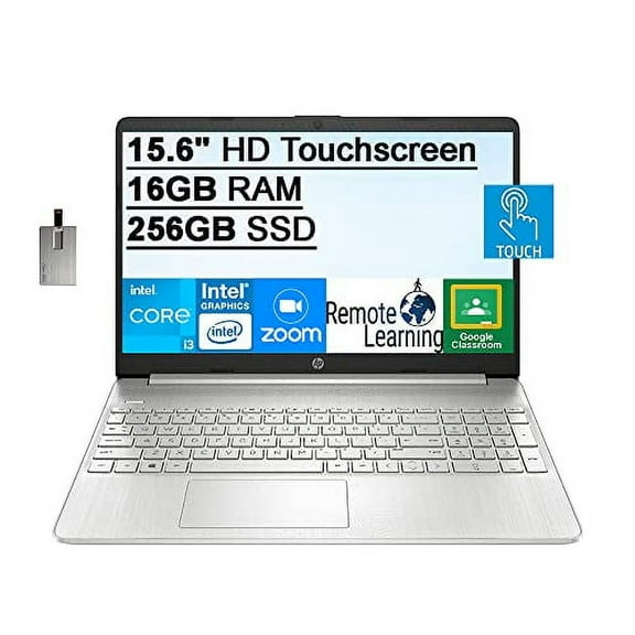 2022 HP 15.6" HD Touchscreen Laptop Computer, 10th Gen Intel Core i3-1005G1, 16GB RAM, 256GB SSD, Intel UHD Graphics 620, HD Audio, HD Webcam, USB-C, Bluetooth, Win 10, Silver, 32GB SnowBell USB Card
