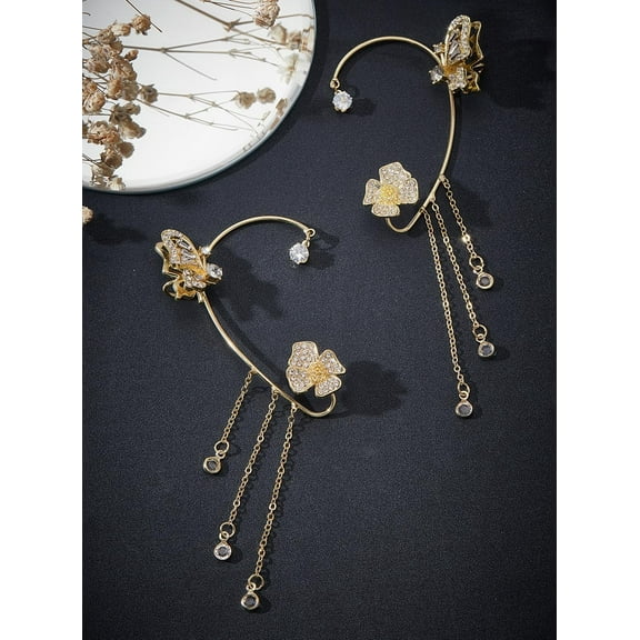 Golden Butterfly Tassel Zircon Clip On Earrings 112x43mm Alloy Glass Butterfly with Rose Tassel Cuff Climber Dangle Earrings for Women Gold