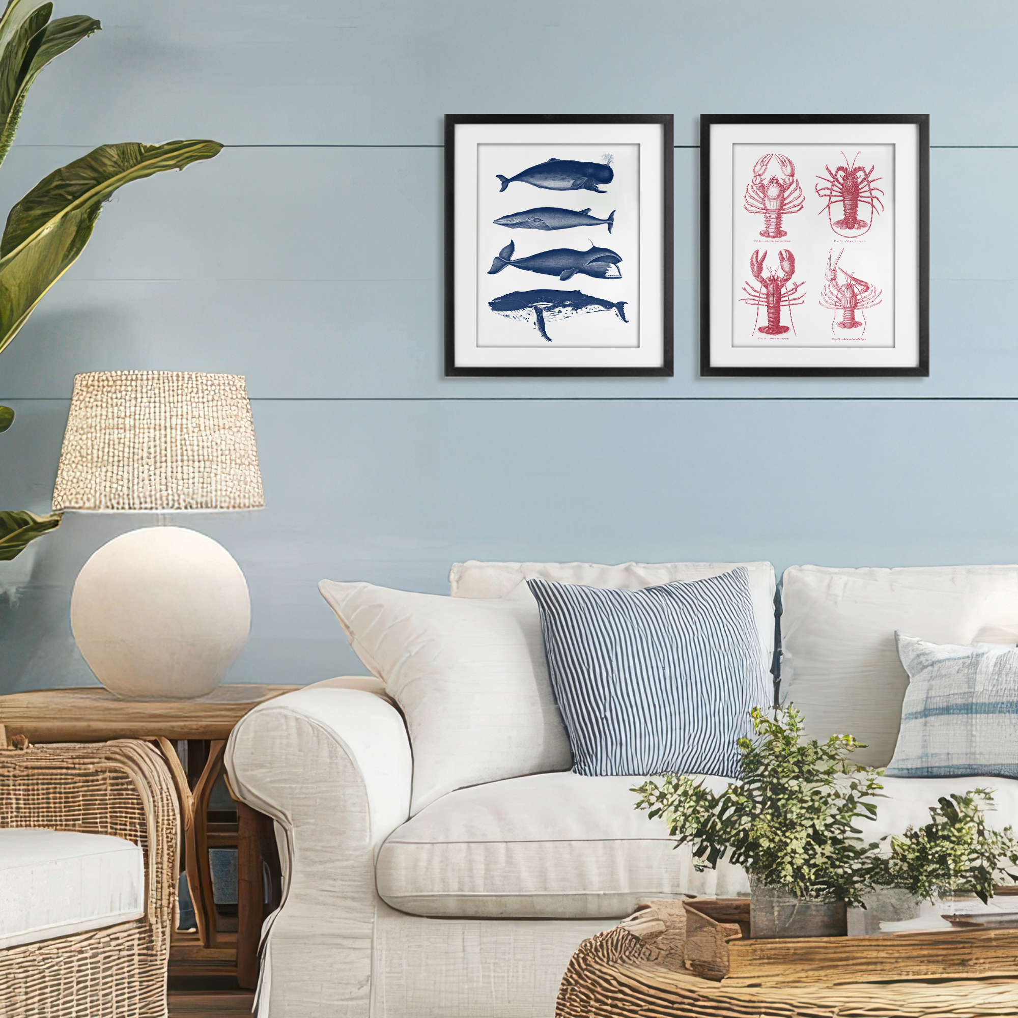 Marine Whales & Lobsters 2 Piece Black Framed Print Under Glass Set, design by Lettered and Lined