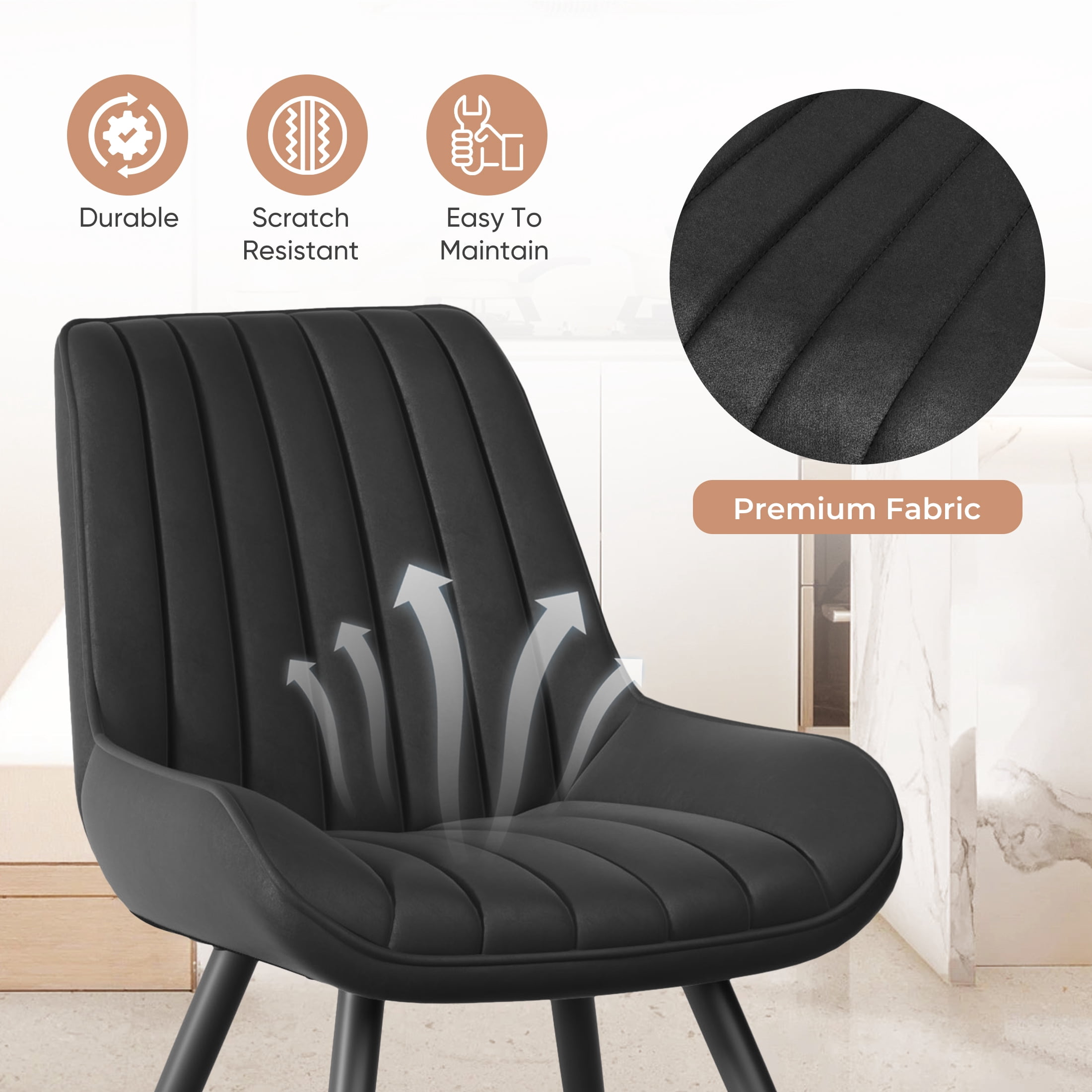 Daluvenix Modern Dining Chairs Set of 6, Upholstered Fabric Comfy Kitchen Dining Chairs with Metal Legs & Thick Cushions for Dining Living Room, Black