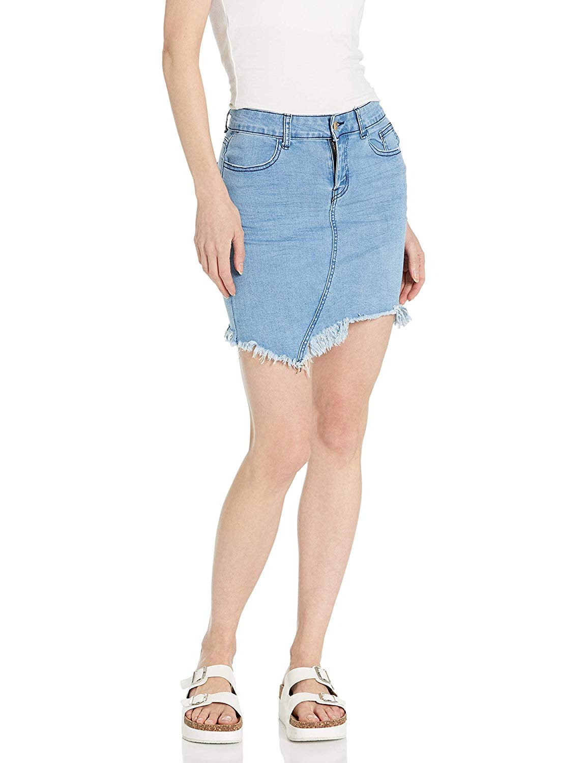 CG JEANS Denim Skirt for Juniors Ripped Distressed Fringe Hem Cute and Sexy, Medium Wash, Small - image 1 of 2