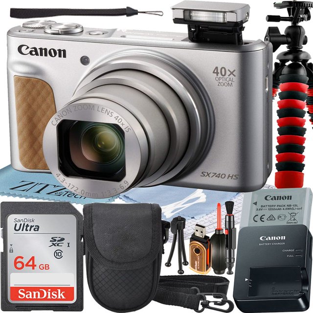 Canon PowerShot SX740 HS Digital Camera (Silver) with 40x Optical Zoom Lens + SanDisk 64GB Memory Card + Case + ZeeTech Advanced Bundle