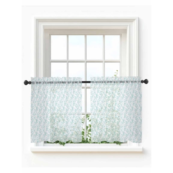 Aqua Spring Floral Tier Curtains 24 Inch Length, Sheer Curtains for Bedroom Living Room Window Summer Botanical Watercolor Rod Pocket Drapes Kitchen Curtains Small Half Window 27.5"x24" 2 Panels