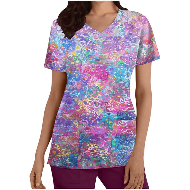 Blusas para Mujeres Flor Púrpura Casual Impresión de Conciencia de Alzheimer, Camiseta de Manga Corta con Cuello en V para el Apoyo de la Enfermera Y Diario