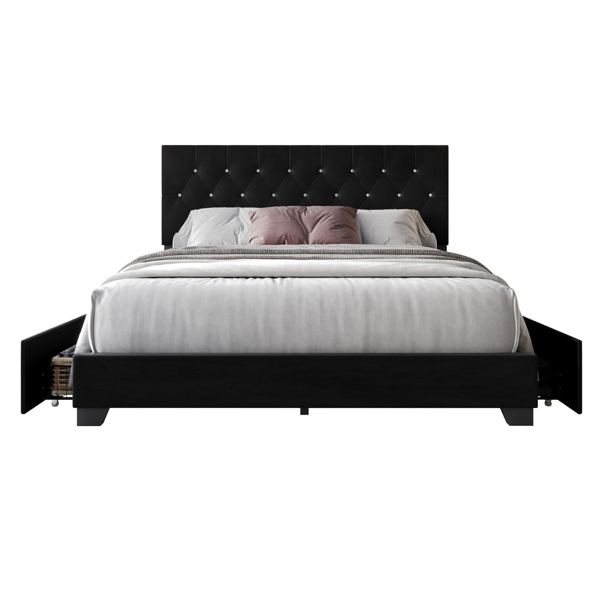 Home Design Sheffield King Tufted Upholstered Storage Platform Bed Frame with Diamond Button-Tufted Headboard and Four Under-Drawers, Black, Easy Assembly