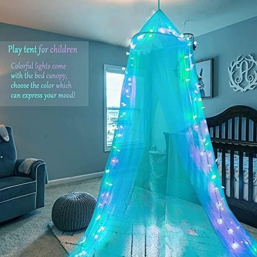 Bed Canopy with LED Star Lights, Princess Canopy Bed Curtain with 18 Colors Changing String Lights Remote Timer for Girls Bedroom, Pink Red Blue White Dome Canopy for Twin to King Size Bed