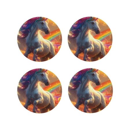 

Tideii Rainbow Sunset Cloud White Horse for Leather Coasters 4 Pieces Anti-fouling and Anti-scalding Decorative Coasters Suitable for Restaurants Kitchens Coffee Shops-Round Shape