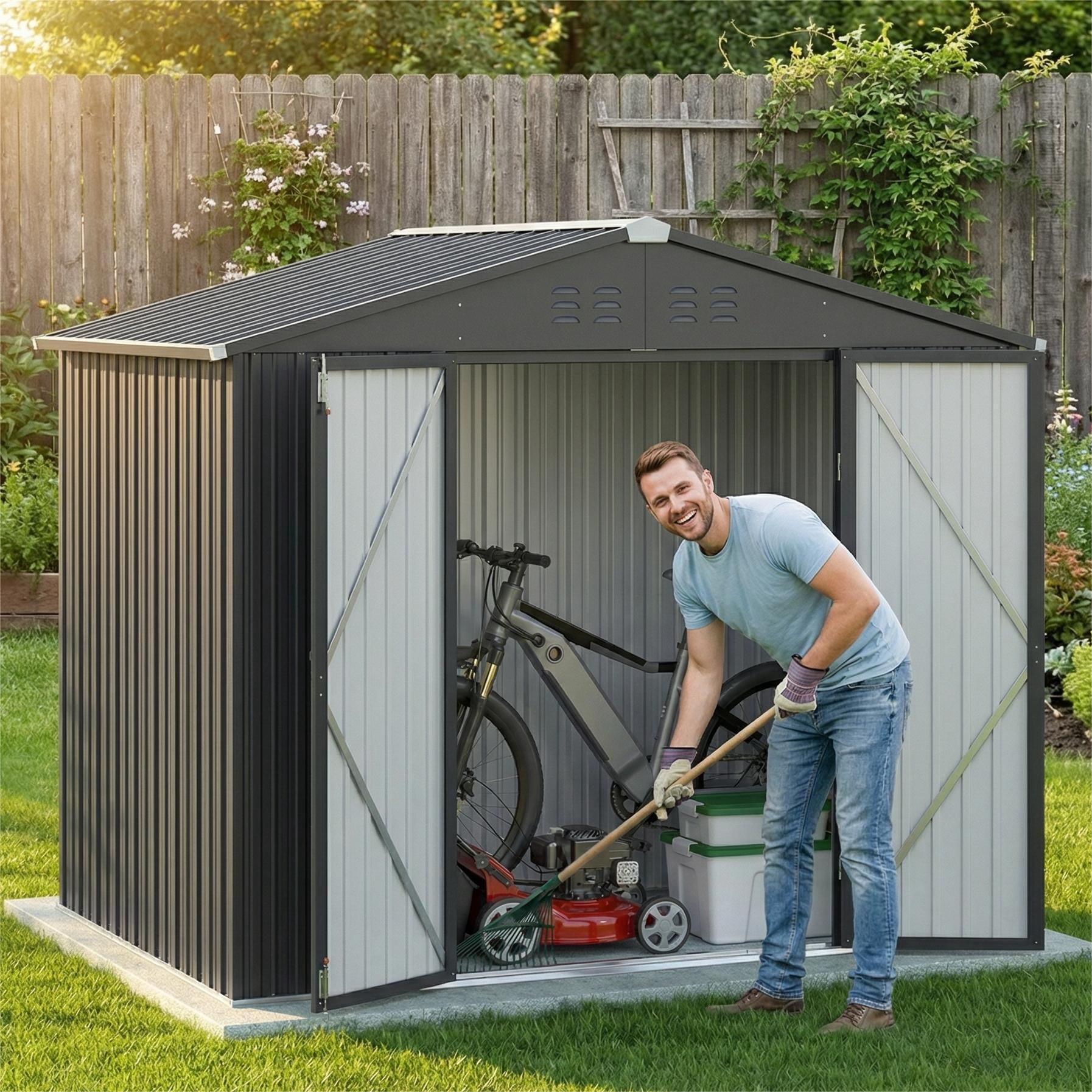 Lofka 8x6 FT Outdoor Storage Shed Lockable Waterproof Rust Resistant Garden Tool Shed Dark Grey