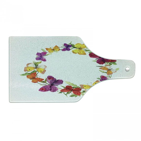 Butterfly Cutting Board, Butterfly Corolla with Herbs Nature Protection from Fear Morph Path Image, Decorative Tempered Glass Cutting and Serving Board, Wine Bottle Shape, Multicolor, by Ambesonne