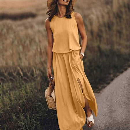 Usdian Graduation Dress Crew Neck Sleeveless Tank Dresse Fit and Flare Dresses Lightweight Floral Dresses Trendy Solid for Traveling Yellow XL Summer Clearance Sale