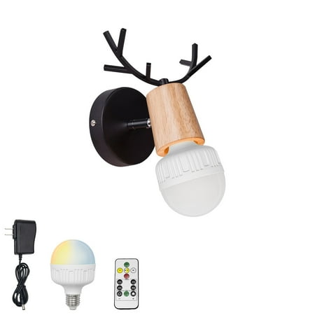 

FSLiving Color Changing and RGB Mode Wall Sconce Wireless Rechargeable Battery and Remote Dimming Wooden Wall Sconce Modern Design Shape of Antler LED Light Fixture for Decor - 1 Lamp