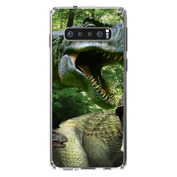 DistinctInk Clear Shockproof Hybrid Case for Samsung Galaxy S10  PLUS(6.4" Screen) - TPU Bumper, Acrylic Back, Tempered Glass Screen Protector - T-Rex Dinosaurs Raptor