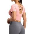 thumbnail image 6 of Women's Short Sleeve Crop Shirts Scoop Neck Slim Fit Strappy Open Back Criss Cross Jersey Summer Activewear, Workout Yoga Pilates Athletic Fitness Running Tops, 6 of 8