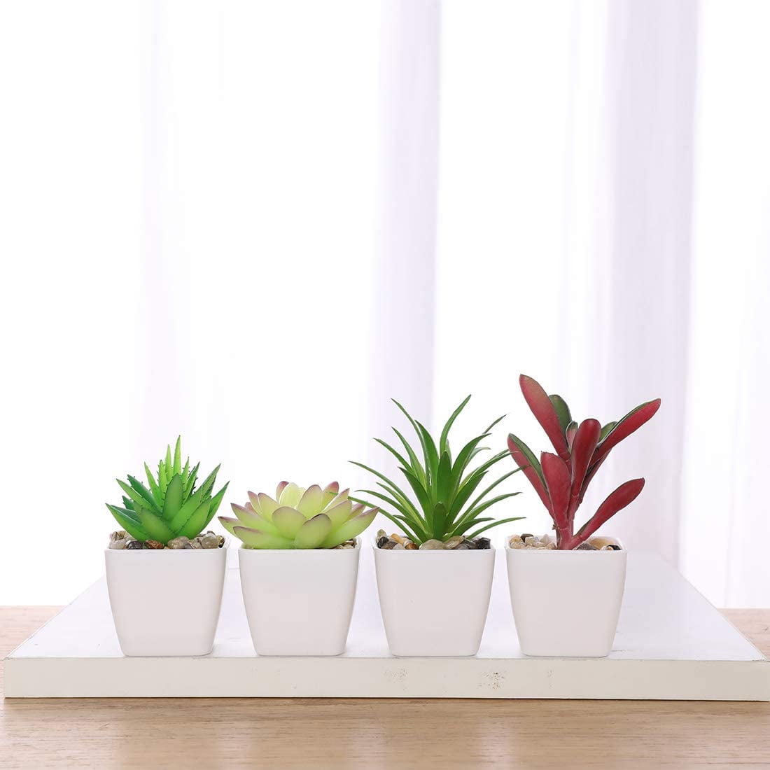 Mini Fake Succulent Plants Artificial Plastic Succulents Potted Faux Assorted Plants for Home Office Table Decoration, Set of 6 (White Plastic Pots)
