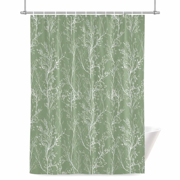 Light Green Shower Curtain, White Tree Branch Botanical Abstract Plant Leaves Waterproof Shower Curtain Set with 12 Hooks Lightweight Bath Curtains Fabric Bathroom Decor 72x78 Inches