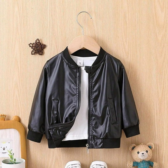 Bxsruta Jacket for Boys, Boys' Faux Leather Motocross Jacket, Classic Biker Style Long Sleeve Stand Collar Outerwear