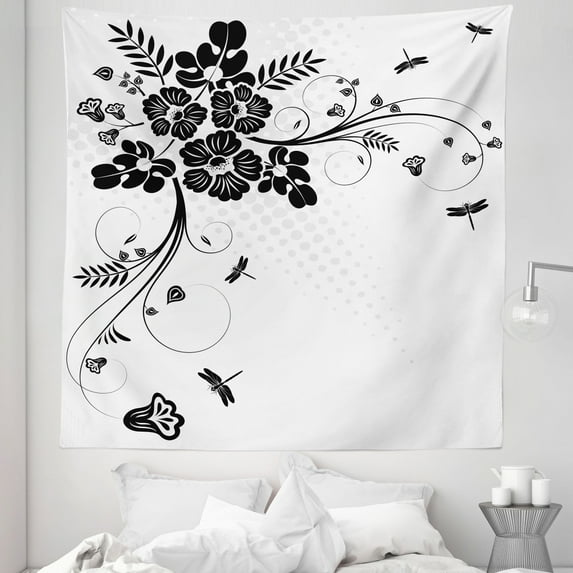 Dragonfly Tapestry, Floral Ornament with Fern Plants Leaves Nature Themed Illustration, Fabric Wall Hanging Decor for Bedroom Living Room Dorm, 5 Sizes, Black White, by Ambesonne
