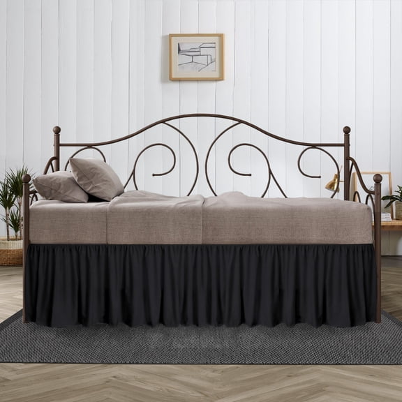 16 Inch Drop Twin Size Black Solid Day Bed Skirt Lightweight Ruffled Pattern Split Corner Premium Hotal Quality With Flexible Elastic & Fade Resistent