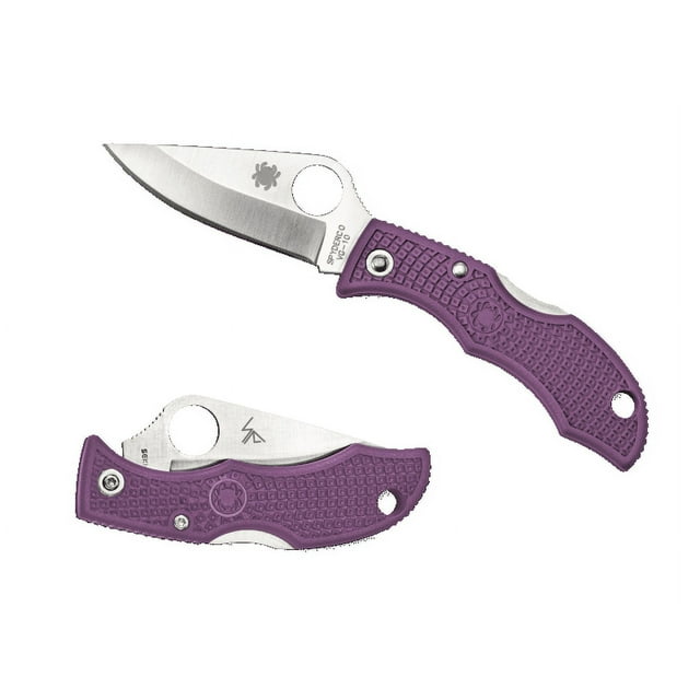 spyderco knives ladybug 3 lockback purple frn vg-10 stainless lprp3 pocket knife cuchillo Morado: cuchillo plegable Lockback hecho en Japón, 2 1/2" cerrado con hoja de 2" VG-10 acero inoxidable tipo modified clip point y agujero para pulgar; mango morado de nylon reforzado con fibra texturizado mostrado abierto y cerrado, mecanismo Lockback visible. A menudo se usa como accesorio práctico para camping.