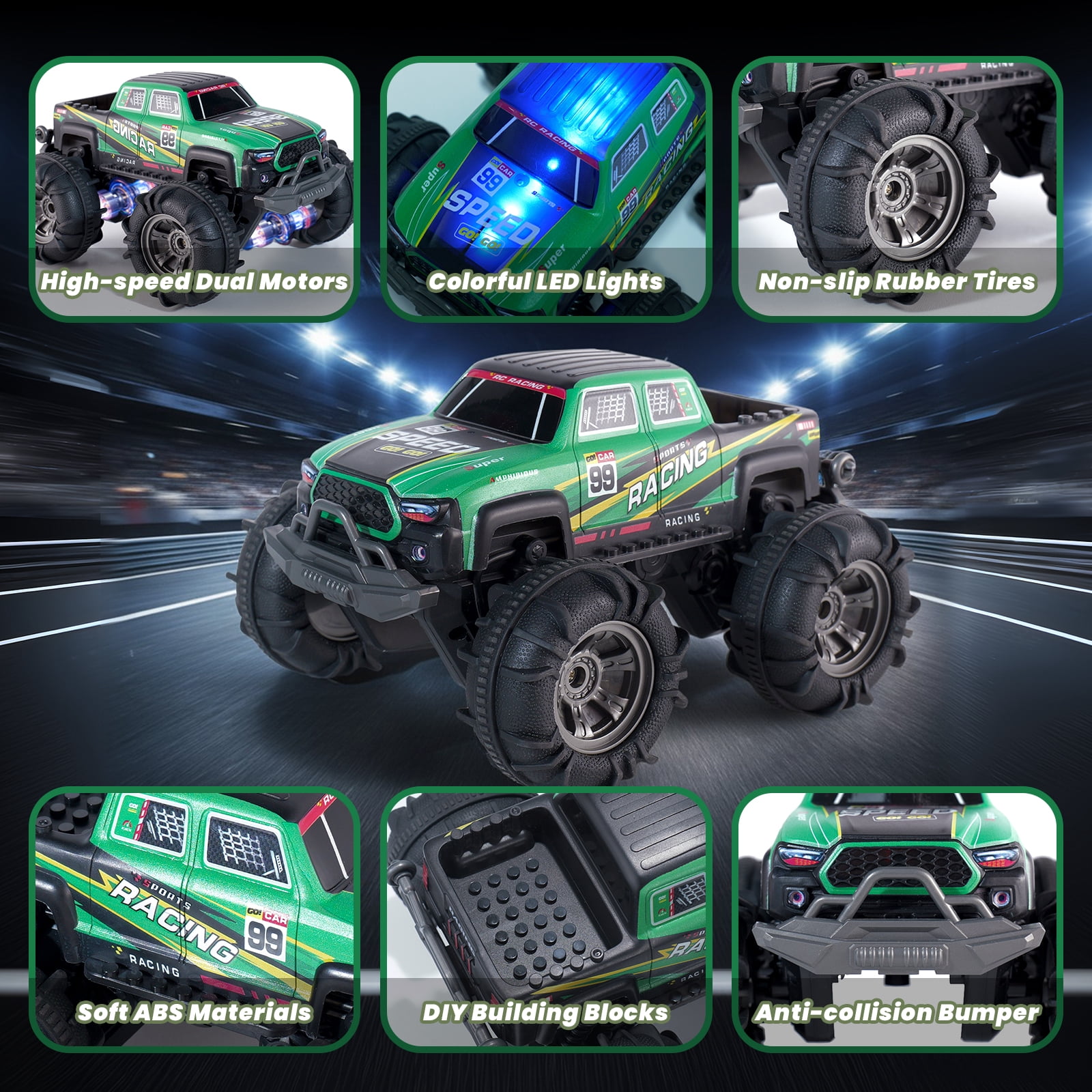 Glee Max Amphibious Remote Control Car, 4WD 2.4GHz RC Monster Truck with Lights,  Toy Gifts for Children, Green