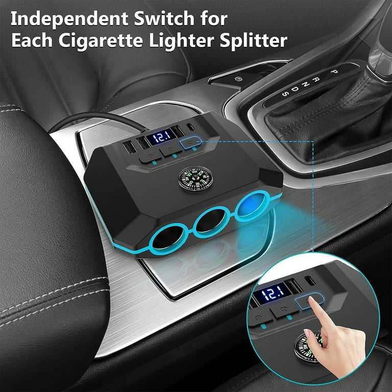 cigarette lighter splitter with switch Car Charger, 150W 2-Socket QC 3.0 Dual USB Ports 1 USB C Fast Car Adapter Separate LED Voltmeter Replaceable 15A Fuse for GPS/Dash Cam/Phone/iPad 12V/24V two female plug socket universal voltage USB C Car Charger, BUVAYE