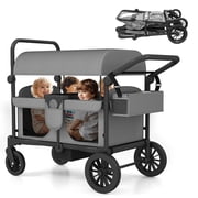 Reasea 4-Seater Foldable Stroller Wagon for 4 Kids, with Canopy, Adjustable Handlebar, 5-Point Safety Harness, Removable Snack Tray & Carry Bag - Gray