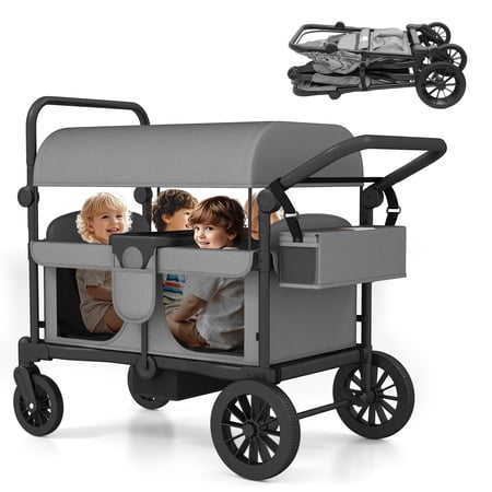 Reasea 4-Seater Foldable Stroller Wagon for 4 Kids, with Canopy, Adjustable Handlebar, 5-Point Safety Harness, Removable Snack Tray & Carry Bag - Gray