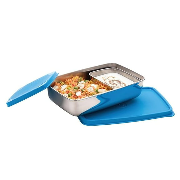Signoraware Stainless Steel Compact Small Steel Lunch Box (150ml 550ml Compartments with Airtight Lid, Set of 2 | Blue)