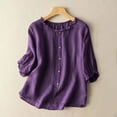 thumbnail image 2 of fartey Cotton Linen Blouses for Women Trendy 2025 Solid Color T Shirts Lounge Flowy 3/4 Length Sleeves Top Loose Fitted Ruffle Trim Crewneck Buttons Tshirts Blouse, 2 of 5