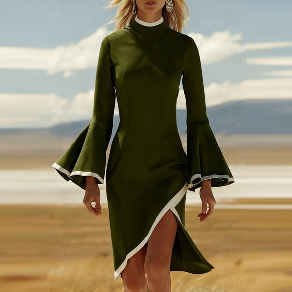 Elvqul Womens High-Low Dresses Long Sleeve Asymmetrical Dresses Pullover Side Slits Crew Neck Army Green A-Line Dresses for Tunic