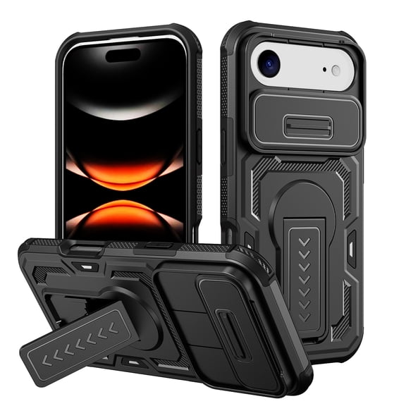 Case for iPhone Air, Hybrid TPU PC Protective Cover with Sliding Camera Cover, Kickstand Anti-Slip Hard Back, Drop Protection Phone Case for iPhone Air, Black