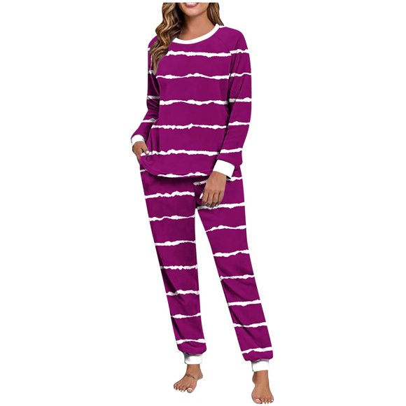 Ovingeta Women Winter Pajama Sets Stripe Loungewear Casual Homewear Thermal PJs Pajamas Round Neck Tops and Tapered Pants Fleece Sleepwear