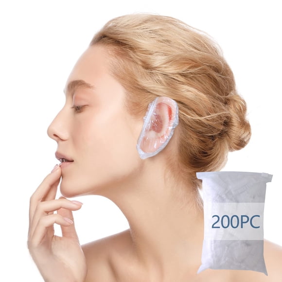 WOSHOP Paquete de 200 protectores de oídos desechables transparentes para ducha y baño, protectores de oídos impermeables para tinte para el cabello, gorros de ducha de plástico impermeables