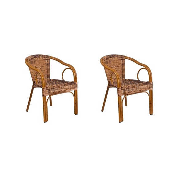 (2 PACK) Bistro Style Burning Brown Outdoor Dining Arm Chair With Bamboo Aluminum Frame