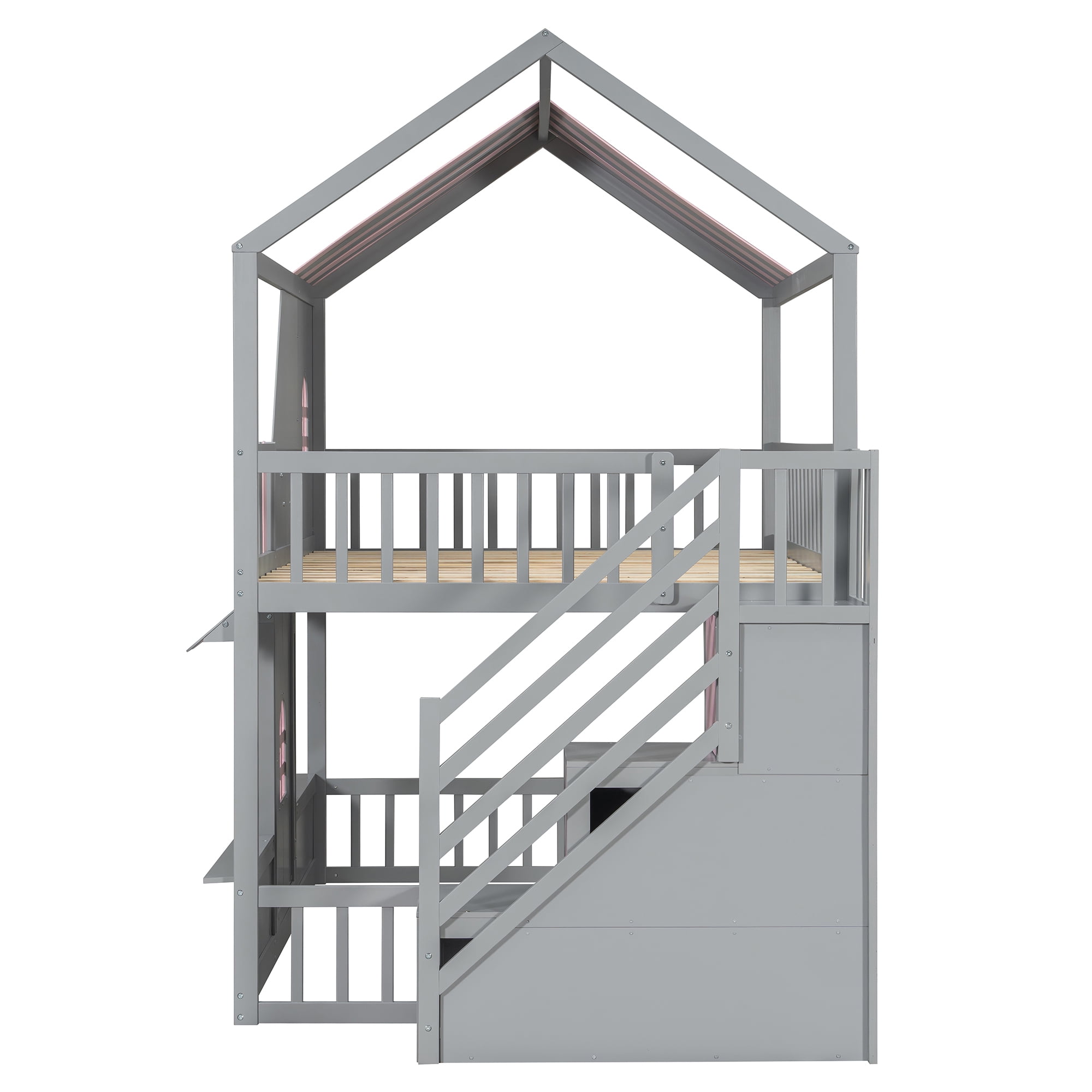 Leumius Full Over Full House Bunk Bed with Storage Staircase & Shelves, Wooden Kids Bunk Bed Frame with Playhouse Design, Roof & Door, Storage Steps and Open Shelving for Boys Girls Gray+Pink