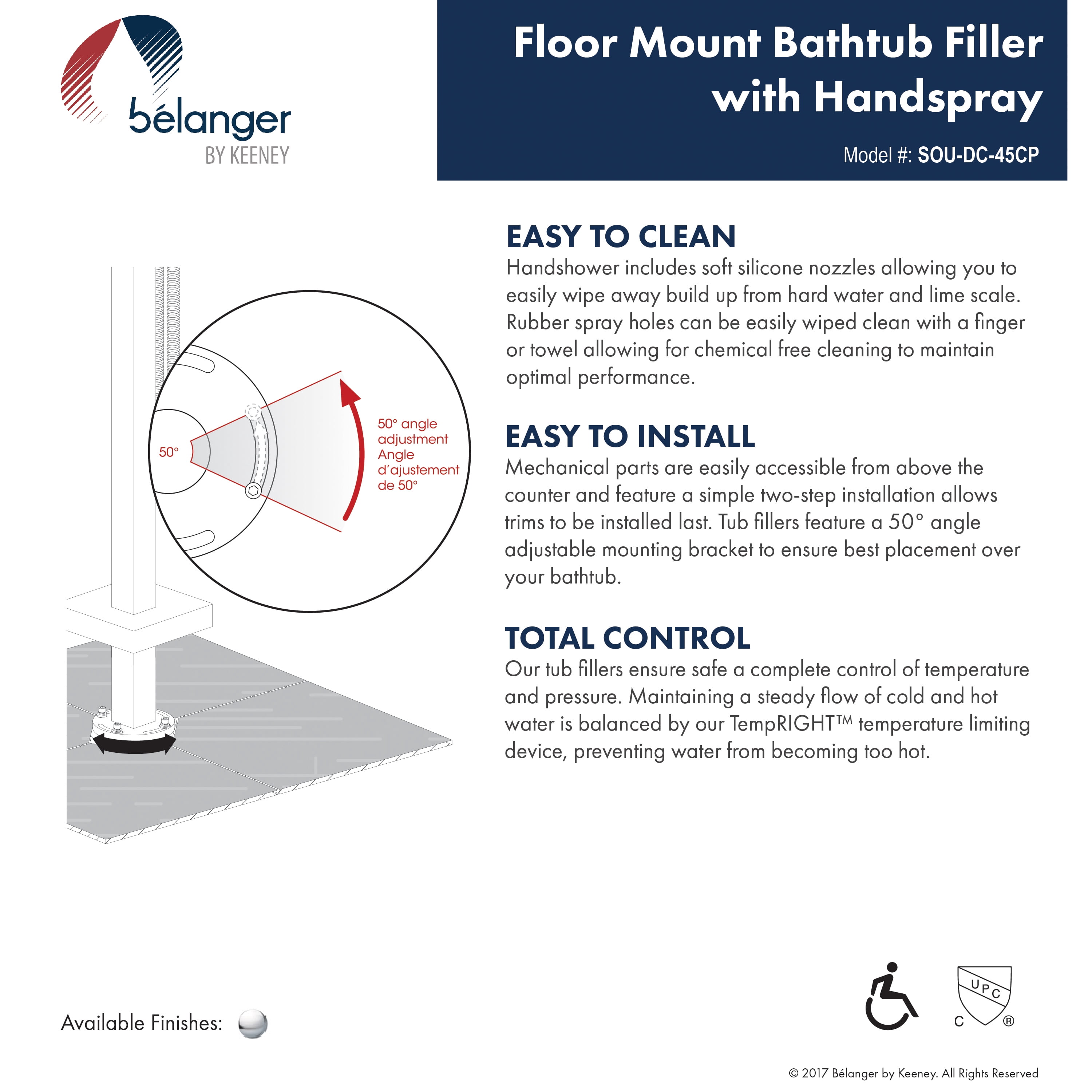 Belanger U-DC-45CP Single Handle Floor Mounted Freestanding Tub Filler, Chrome