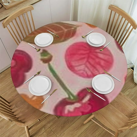 

Tllo0ord Spring Tablecloth Round Table Clothh Waterproof Circle Tablecloths para mesa de Fitted Dining Table Cloth Round Cover for Kitchen Party Pink Heart Cherry 38-42