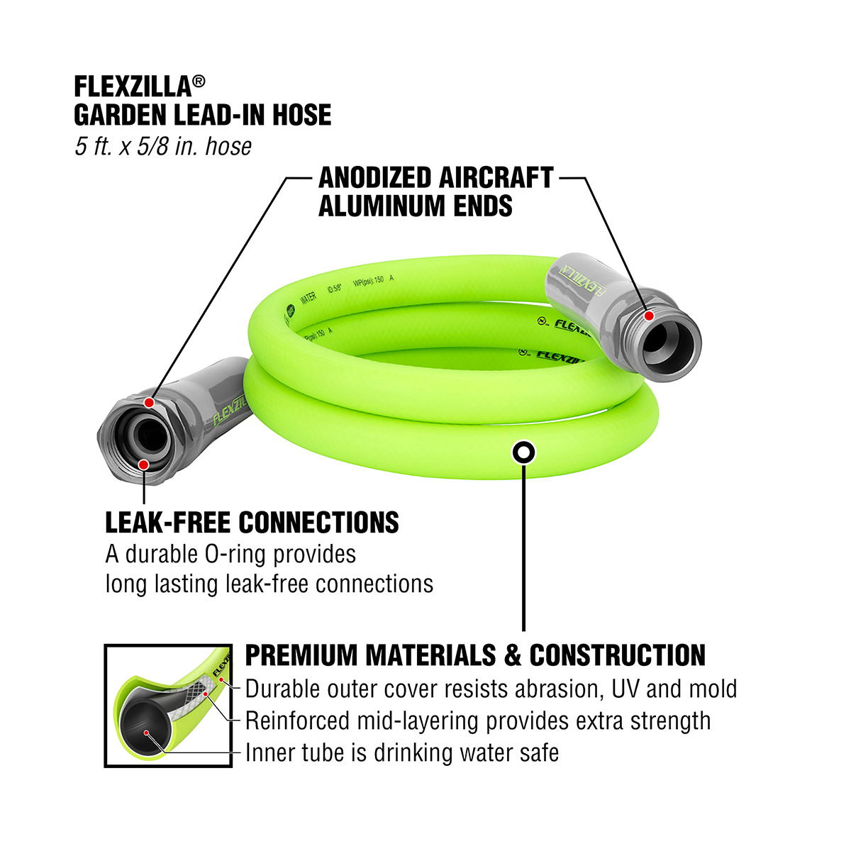 Flexzilla 5 ft Garden Lead-in Hose, 5/8 in, Green photo 2
