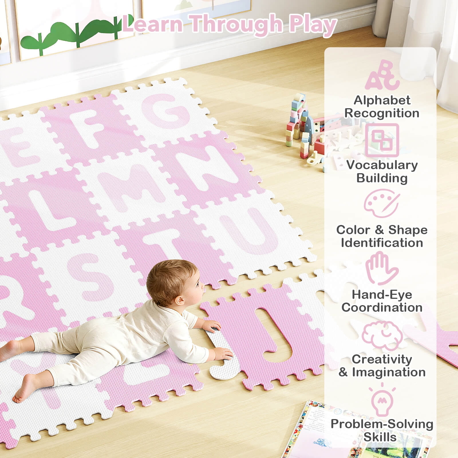 Infans 26 PCS 12.5" x 12.5" Interlocking ABC Play Mats w/Detachable Letters for Kids