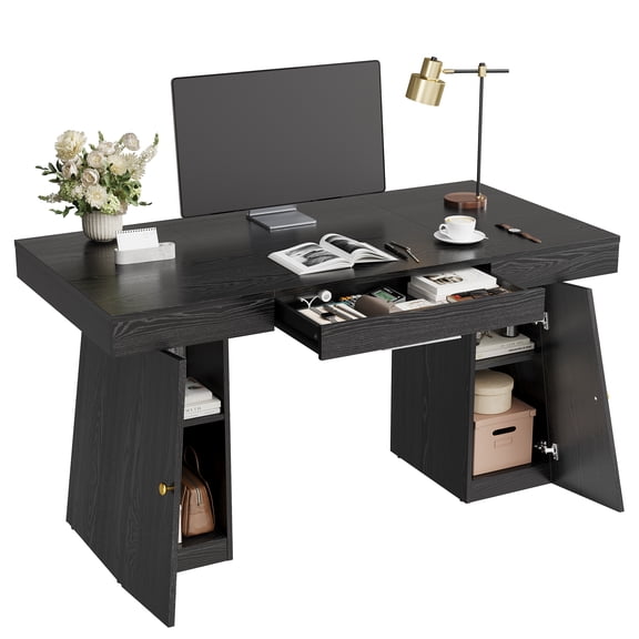 55 x 27.5 Inch Modern Computer Desk, Large Office Desk with Drawers, Gaming Desk with Storage Shelves, Writing Study Desk for Home Office