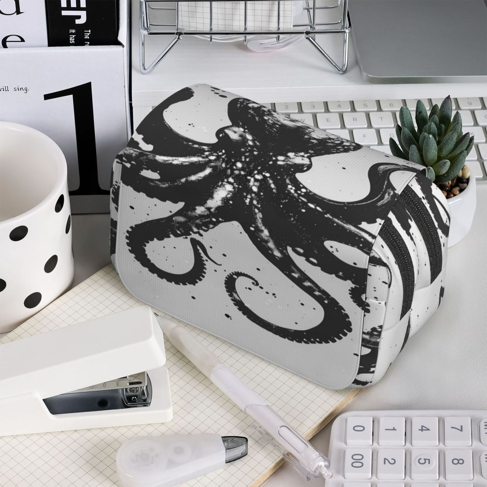 Rateoe Abstract Ink Octopus Pattern Double Clamshell Pen Case, Storage Organizer with Two Zipper Compartments– Holds Up to 50 Pencils & Pens