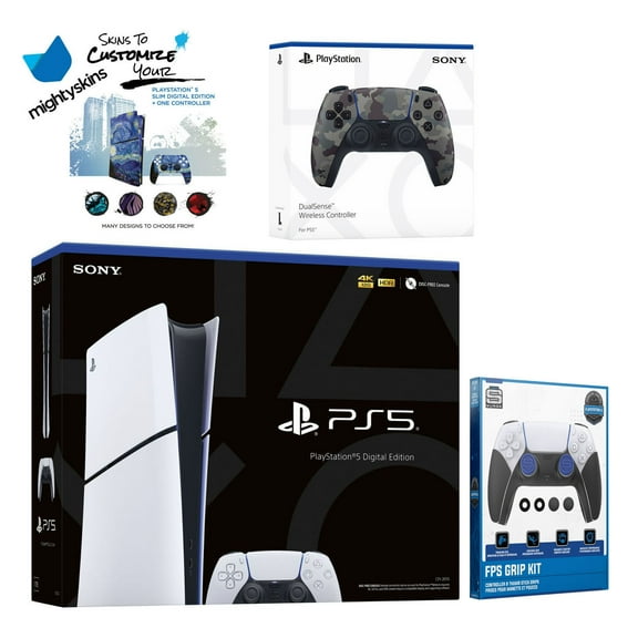 Sony PlayStation 5 Slim Digital with Extra Gray Camo Controller, FPS Grip Kit and MightySkins Decal Voucher